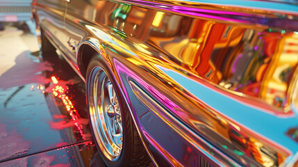 close-up of car door with holographic glossy coating with fiery traces of wheels
