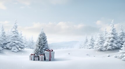 Fototapeta premium Christmas scene full of white space featuring only a lone present AI generated illustration