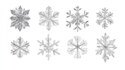 Drawing illustration collection of black and white pencil snowflakes isolated on a white background