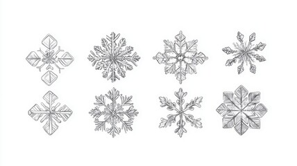 Drawing illustration collection of black and white pencil snowflakes isolated on a white background