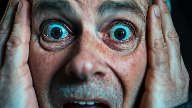 A man with wide eyes and an open mouth expresses shock while holding his head with both hands against a dark background