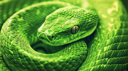 Fototapeta premium Close Up of Vibrant Green Snake Coiled in Nature's Lush Surroundings