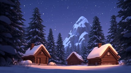 Fototapeta premium Cozy Snowy Cabins Under Starry Winter Night in a Pine Forest Mountain Landscape