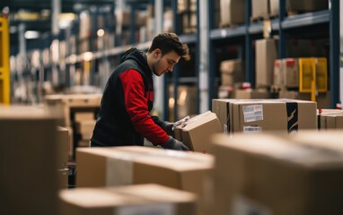 Delivery Worker Organizing Packages at Sorting Facility: Emphasizing Sorting and Preparation Process in Logistics Operations