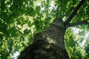 Close-up view of a tree trunk and green leaves from below.
