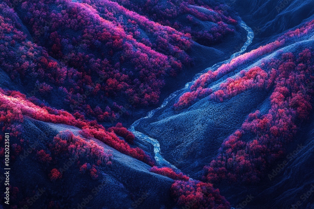 Poster a serene scene of a river flowing through a lush green valley with trees and hills in the background
