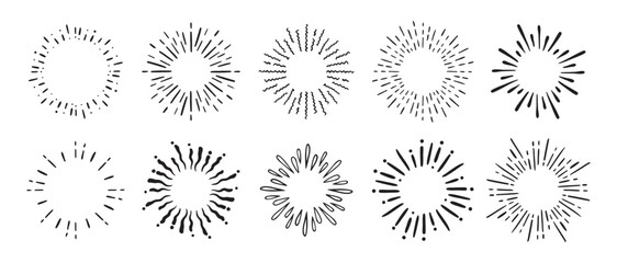 Vintage doodle Fireworks Sunburst Explosion set. Hand drawn Design Elements Black Rays