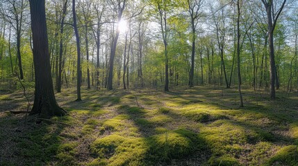 Fototapeta premium A tranquil forest clearing with sunlight filtering through the trees onto a carpet of moss.