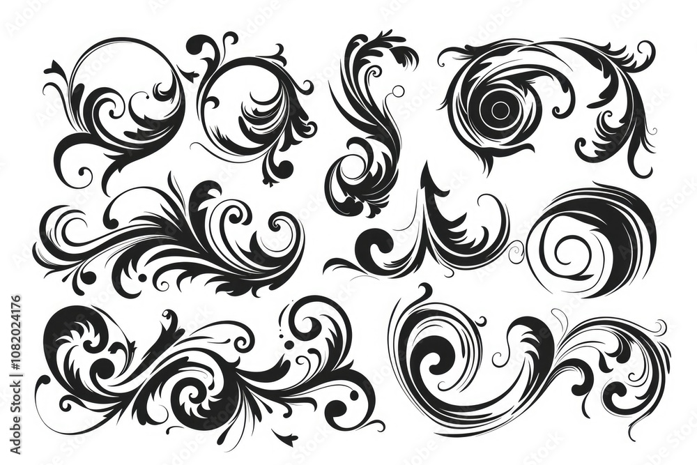 Poster Monochromatic swirling patterns in various shapes and sizes