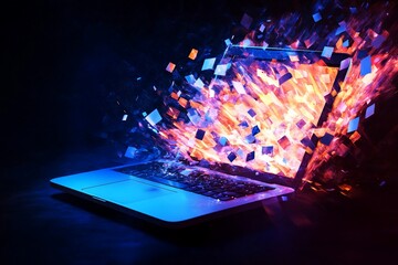 Laptop with exploding digital data in blue and orange light.
