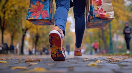 Fototapeta premium A person walking down the sidewalk carrying multiple shopping bags, possibly after a shopping trip