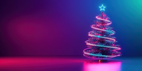 Neon lit Christmas tree on purple backdrop, banner