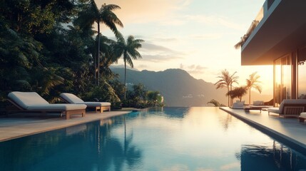 A modern apartment complex with a sleek infinity-edge outdoor pool at sunset, surrounded by elegant lounge chairs and tropical greenery.