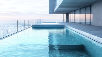 Obraz premium A modern infinity-edge pool with glass railings, nestled within an urban apartment complex.