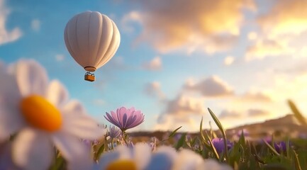 Obraz premium Hot Air Balloon Floating Above Meadow with Dandelions and Grass at Sunset