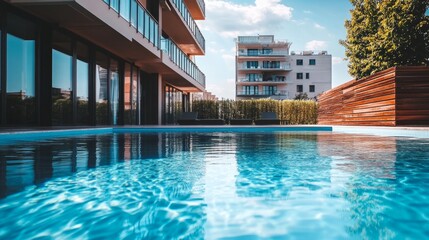 Fototapeta premium A serene infinity-edge pool surrounded by the contemporary architecture of a stylish apartment complex.