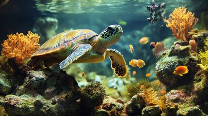 A turtle swimming peacefully in a coral reef, surrounded by small fish and aquatic plants.