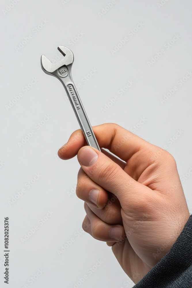Poster a person holding a wrench in their hand, ready to use for fixing or repairing something