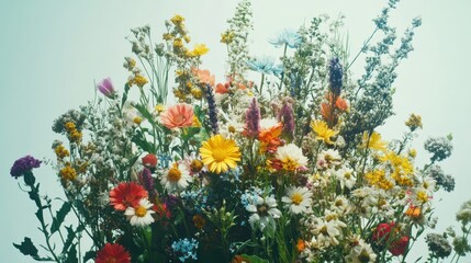 A vibrant bouquet of wildflowers in a variety of colors and shapes, arranged against a simple background.
