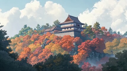 Obraz premium Hilltop Japanese castle with maple forests stone walls and diffused light