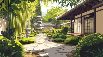 Obraz premium Neatly trimmed garden paths in a temple courtyard with bamboo and pagoda