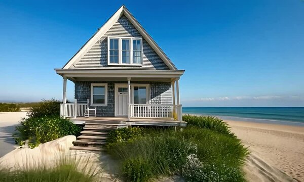 Classic Cape Cod house on a coastal dune, offering a sweeping view of a sandy beach and clear blue ocean