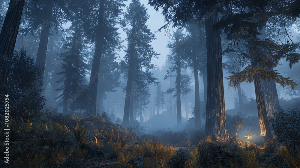 Aufkleber explore the mystical beauty of a fog-covered forest at dawn with towering trees and enchanting light