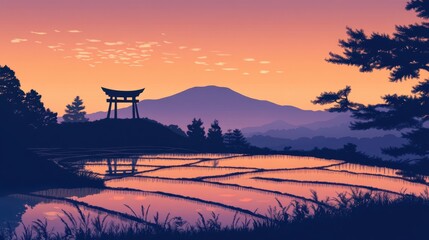 Tranquil sunset scene with shrine on a hill and rice fields glowing warmly