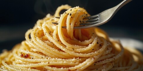 A plate of spaghetti with a fork stuck in it, ideal for food or kitchen themed images