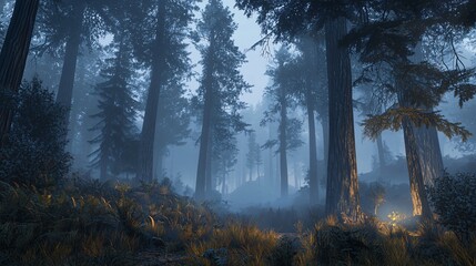 Fototapeta premium Explore the mystical beauty of a fog-covered forest at dawn with towering trees and enchanting light
