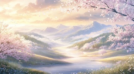 Misty mountains with cherry blossoms golden light filtering through clouds