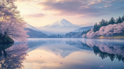 Lake reflects snow peaks pink petals float dawn paints sky in soft colors