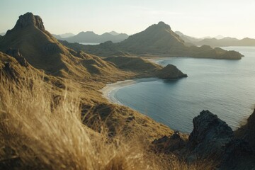 Naklejka premium A serene mountain lake with surrounding peaks