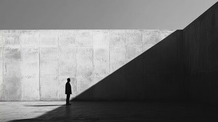 A lonely figure in a hazy minimalist landscape: a conceptual photograph of loneliness and reflection, symbolizing the path, isolation and tranquility