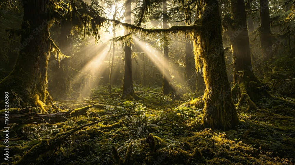 Poster explore the enchantment of a mystical forest illuminated by sunlight beams breaking through the tree