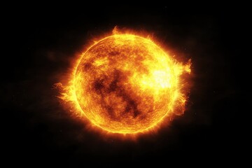 Obraz premium Bright and Fiery Sun Illustration Radiating Energy and Warmth Against a Dark Cosmic Background for Use in Space-Themed Projects, Solar Energy Concepts, and More