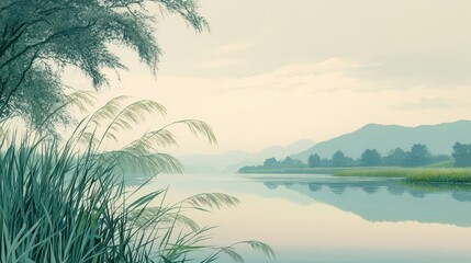 Obraz premium Overcast morning light on river reeds move softly hills fade in misty horizon