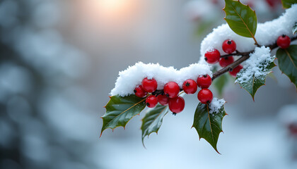 Snow-covered holly branch with red berries during winter sunset, creating a festive and cheerful atmosphere with copy space