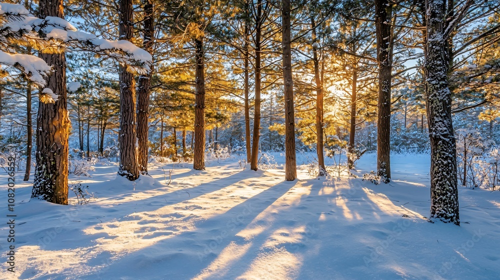 Poster experience tranquility in a peaceful snowy forest with tall pine trees illuminated by soft sunlight