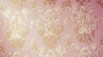 Elegant gold vines on blush pink damask pattern creates soft vintage elegance