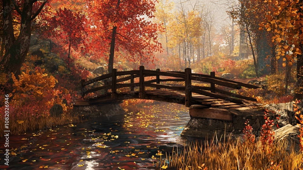 Aufkleber explore the serenity of a rustic wooden bridge crossing a crystal-clear stream surrounded by autumn 