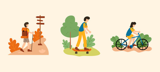 Set of daily life scenes. Flat cartoon character illustration