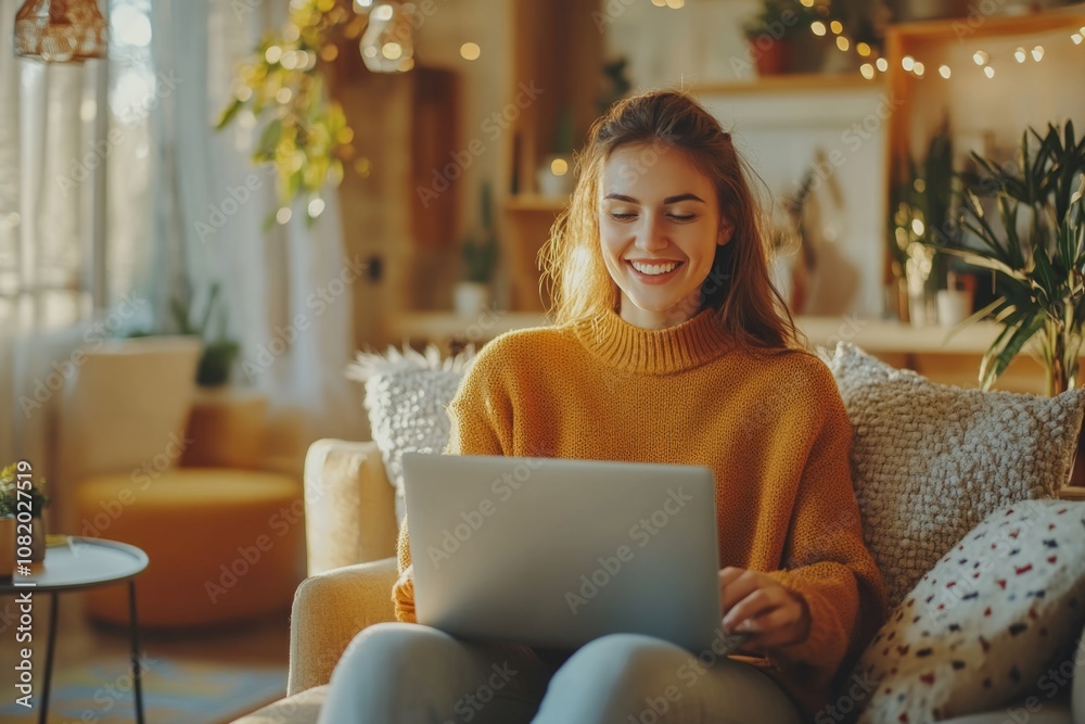 Poster a person sitting on a couch using a laptop, possibly for work or personal use