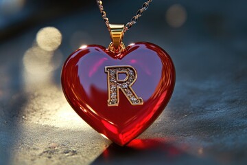 A close-up of a red heart-shaped necklace with the letter R on it