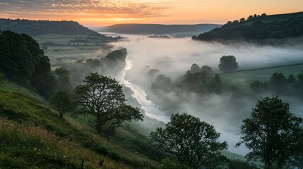 Explore the tranquil beauty of a mist-covered valley at dawn with a meandering river flowing through