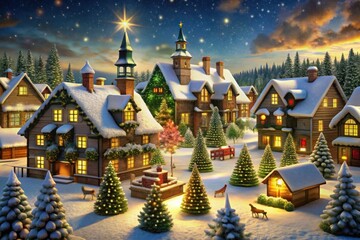 a christmas card with a christmas tree and a house with lights