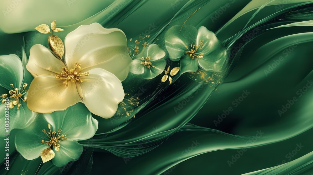 Wall mural gold and emerald floral patterns on a silky texture glowing gradients adding depth to minimal abstra