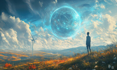Fototapeta premium lone figure stands in awe, gazing up at glowing orb in sky, surrounded by wind turbines and rolling hills