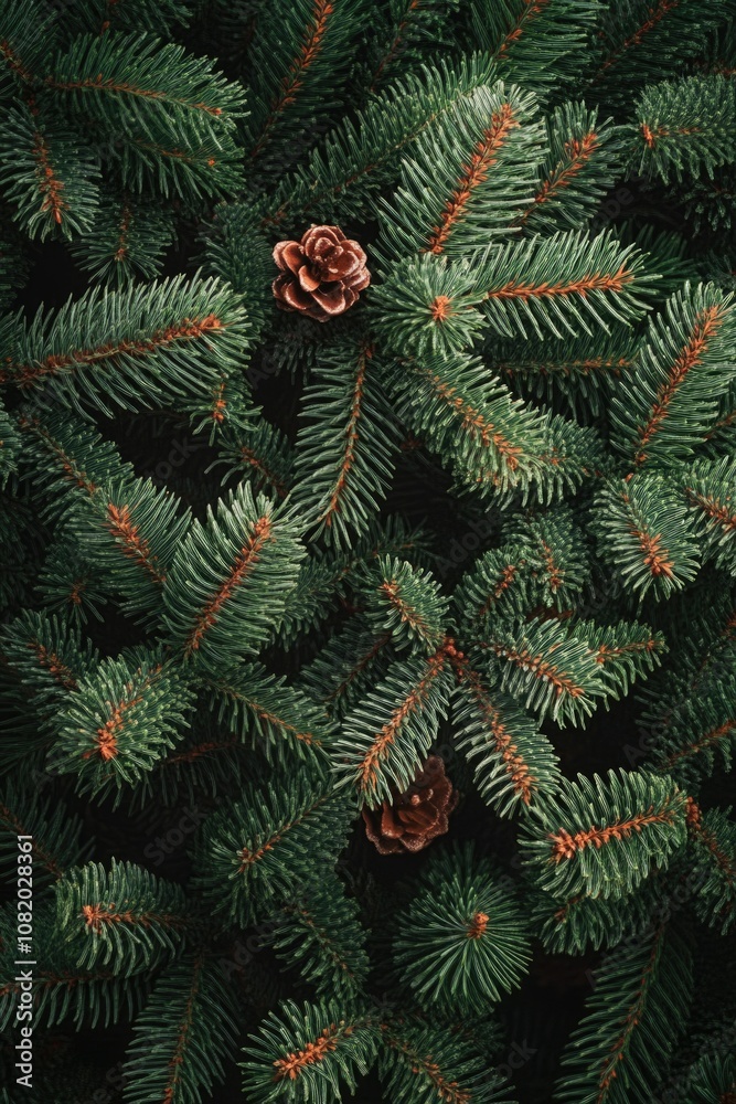 Poster a single pine tree with two pine cones growing on its branches