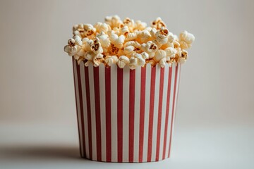 a paper bag with vertical white and red stripes that is full of pop corn. 